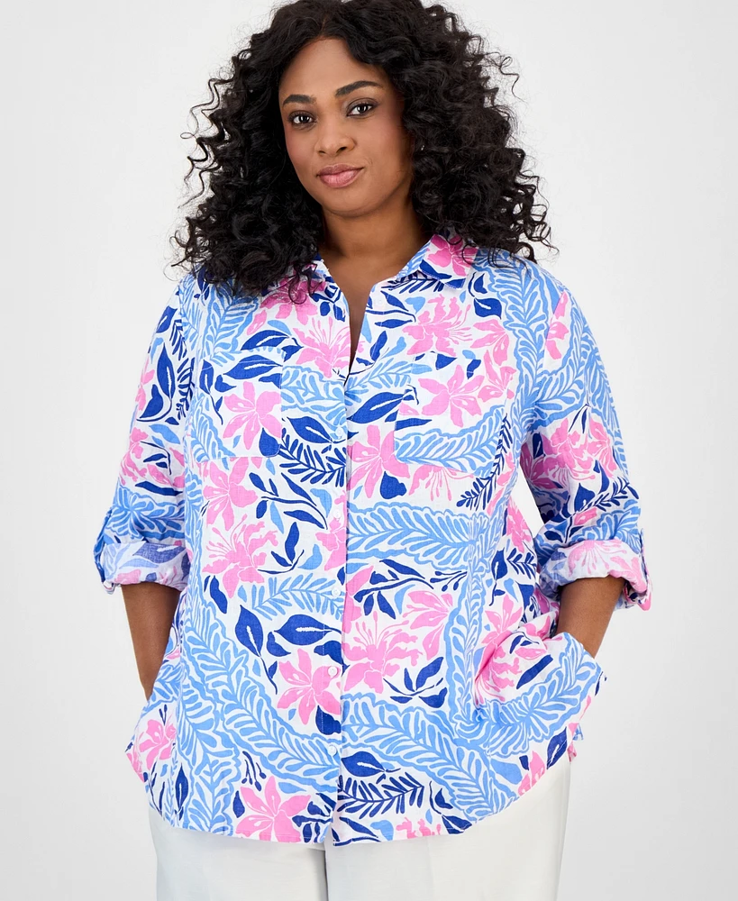 Charter Club Plus Size Printed Floral Linen Shirt, Exclusively at Macy's