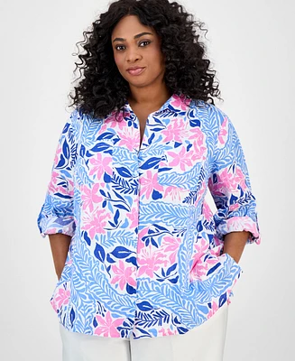 Charter Club Plus Printed Floral Linen Shirt, Exclusively at Macy's