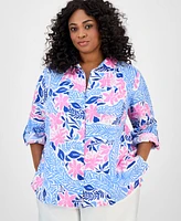 Charter Club Plus Size Printed Floral Linen Shirt, Exclusively at Macy's