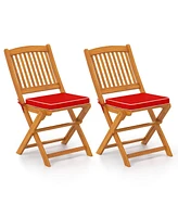 Outdoor Folding Chairs Set of 2 Acacia Wood High-Back Chair with Seat Cushions