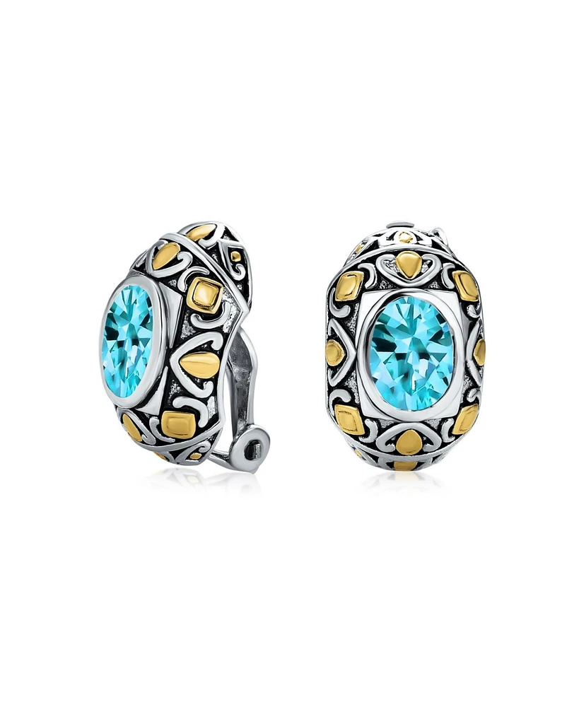 Bling Jewelry Two-Tone Bali Style Aqua Blue Oval Clip-On Earrings with Simulated Aquamarine Cz