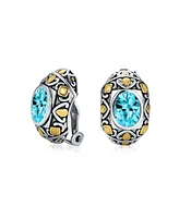 Bling Jewelry Two-Tone Bali Style Aqua Blue Oval Clip-On Earrings with Simulated Aquamarine Cz