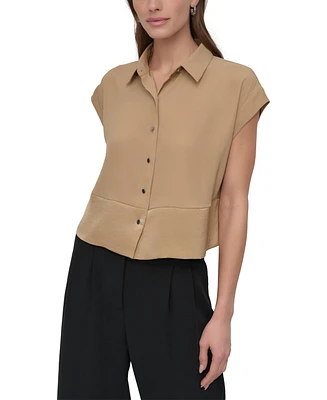 Dkny Petite Reverse-Satin-Trim Cap-Sleeve Blouse