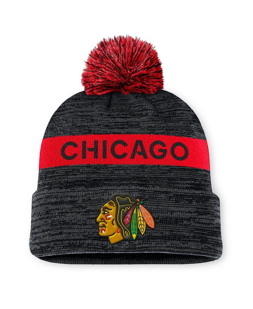 Fanatics Men's Black/Red Chicago Blackhawks Authentic Pro Rink Cuffed with Pom Knit Hat