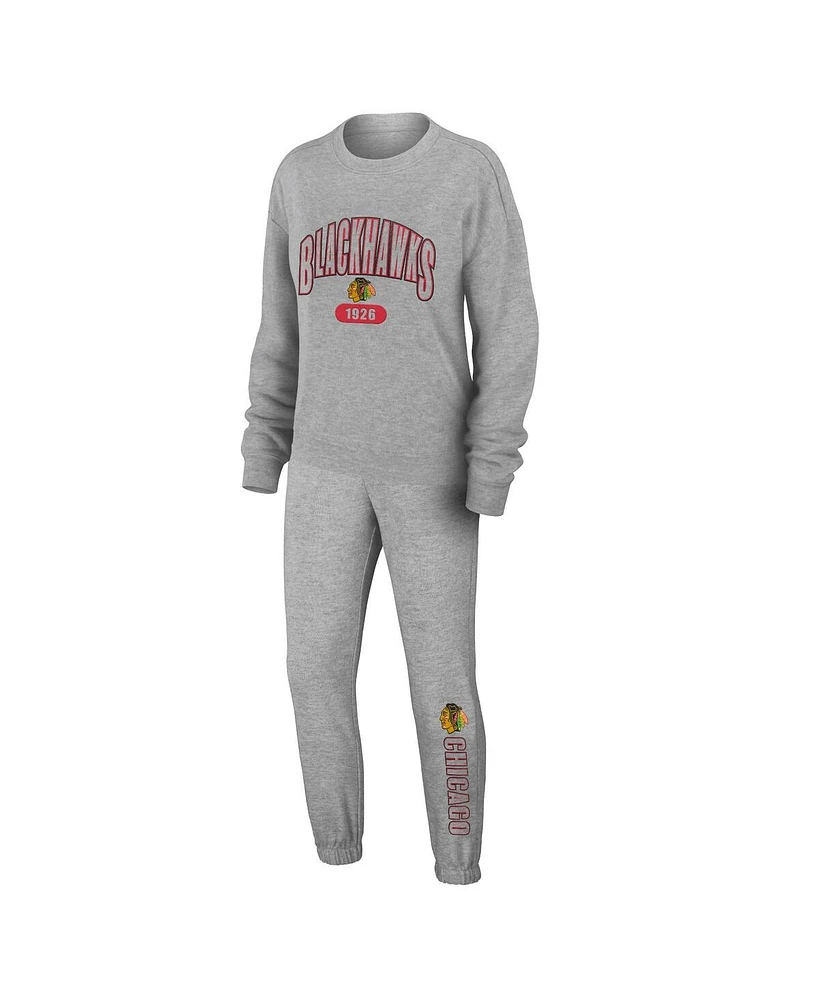 Wear by Erin Andrews Women's Heather Gray Chicago Blackhawks Knit Long Sleeve Tri-Blend T-Shirt Pants Sleep Set