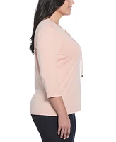 Rafaella Plus Size Lace Up 3/4 Sleeve Top