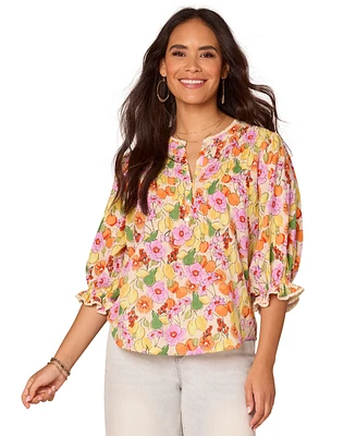 Democracy Petite Printed Lantern-Sleeve Top