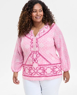 Jm Collection Plus Printed Embellished Top