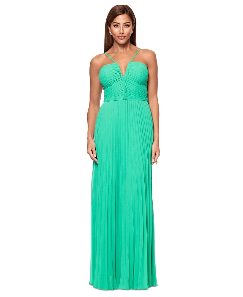 Xscape Women's V-Neck Pleated Sleeveless Gown