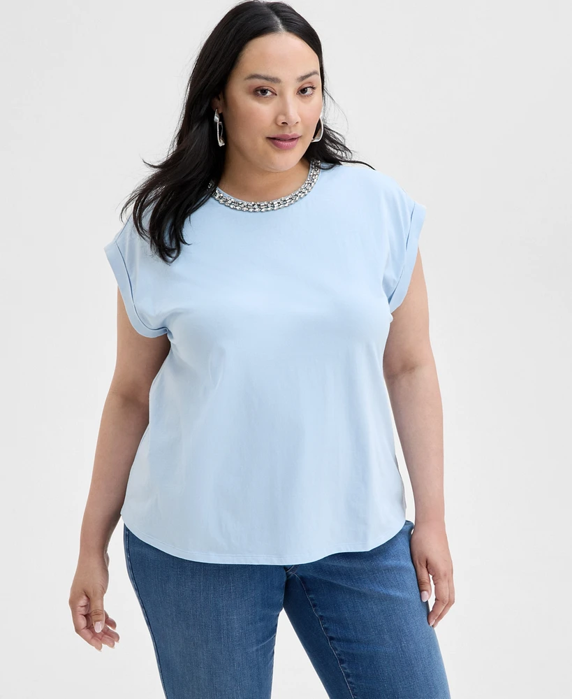 I.n.c. International Concepts Plus Embellished-Neck Cotton T-Shirt, Exclusively at Macy's