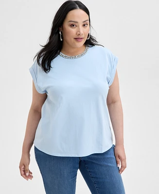 I.n.c. International Concepts Plus Embellished-Neck Cotton T-Shirt, Exclusively at Macy's