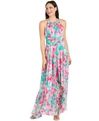 R & M Richards Women's Floral-Print Halter Gown