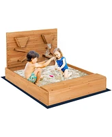 Kids Wooden Square Sandbox with Cover Outdoor Play Area for Sand Play and Protection