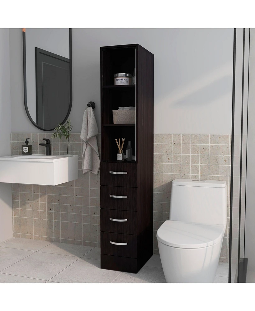 Fm Furniture Pinon Bathroom Linen Cabinet with Glass Door and Drawers, Wengue