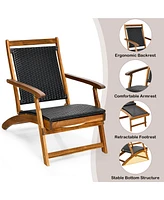 2PCS Patio Folding Rattan Lounge Chair Wood Frame Retractable Footrest