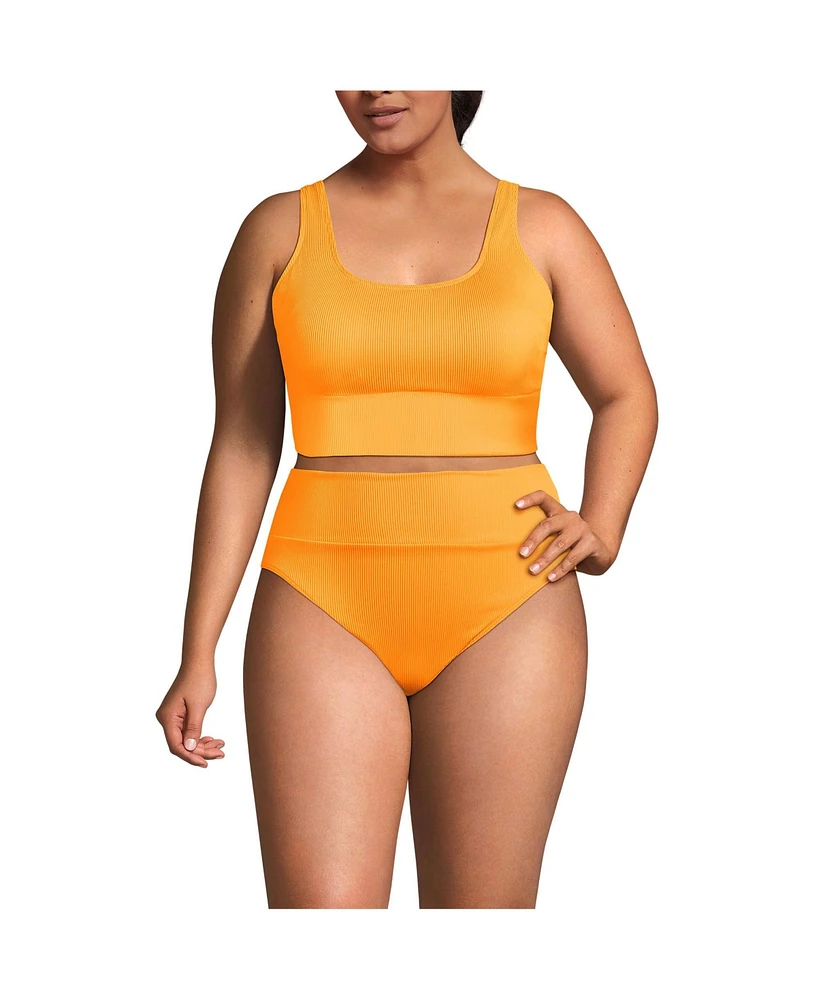 Lands' End Plus Tugless Ribbed Tankini Top and High Waisted Bottom Swimsuit Set