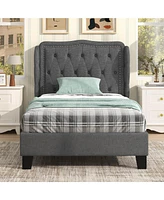 Twin Size Bed Frame with Button Tufted Wingback Headboard Wooden Slats Support