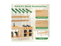 Mud Kitchen Fir Wood Play Kitchen with Canopy and Sink and 4 Stoves