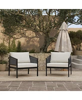 LuxenHome Outdoor Black Steel with Pe Rope Armchairs with Cushions, Set of 2