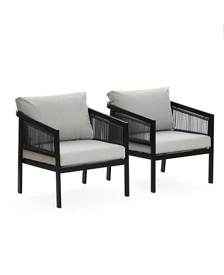 LuxenHome Outdoor Black Steel with Pe Rattan Armchairs with Cushions, Set of 2