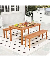 59" Long Patio Dining Bench with Teak Oil Finish & Slat Seat Accent Entryway Bench