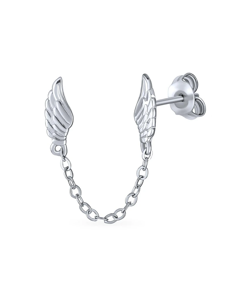 Bling Jewelry Delicate Angel Wing Feather Stud Earrings with Chain, Sterling Silver, Double Piercing