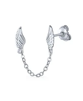 Bling Jewelry Delicate Angel Wing Feather Stud Earrings with Chain, Sterling Silver, Double Piercing