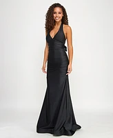 Emerald Sundae Juniors' Ruched Sleeveless Halter Gown