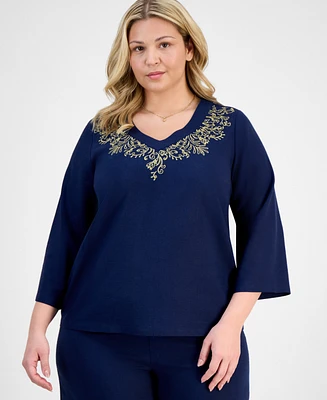 Jm Collection Plus Metallic Embroidered V-Neck Top, Exclusively at Macy's