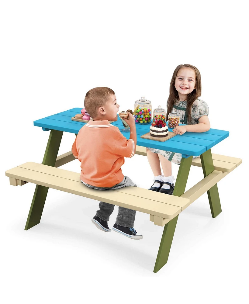 Kids Wooden Picnic Table Set Solid Dining Table with Built-in Benches for Patio