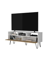 Fm Furniture Olds Tv Stand with 2 Doors and Open Storage, White and Natural Oak