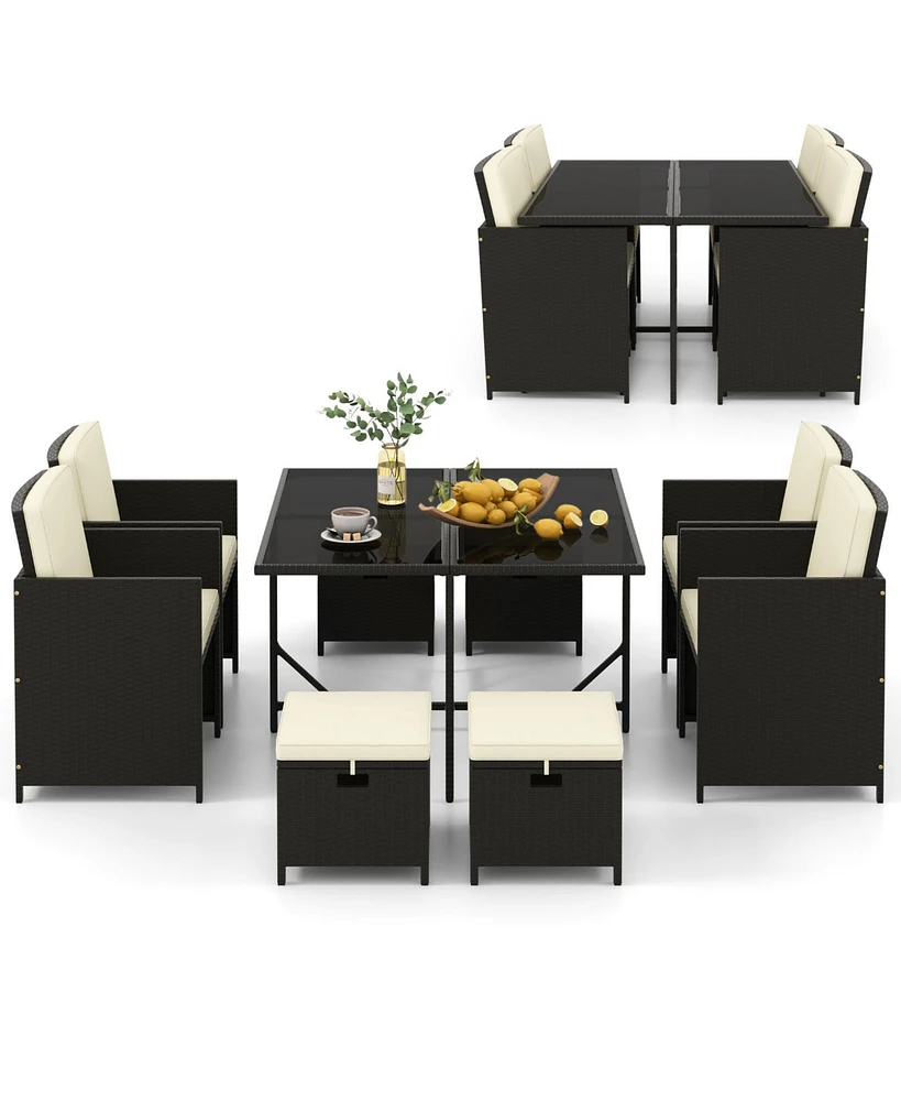 9 Pcs Outdoor Dining Furniture Set with Tempered Glass Table and Ottomans