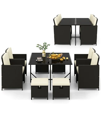 9 Pcs Outdoor Dining Furniture Set with Tempered Glass Table and Ottomans