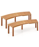 Outdoor Curved Acacia Wood Fire Pit Bench with Slatted Seat-Set of 2