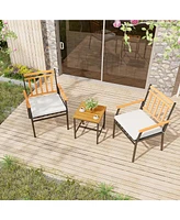 Gymax 3 Pcs Acacia Wood Bistro Set Patio Conversation Set w/ Cushions and Coffee Table