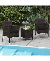 Gymax 3 Pcs Outdoor Conversation Set w/ Cushioned Seat & Tempered Glass Tabletop