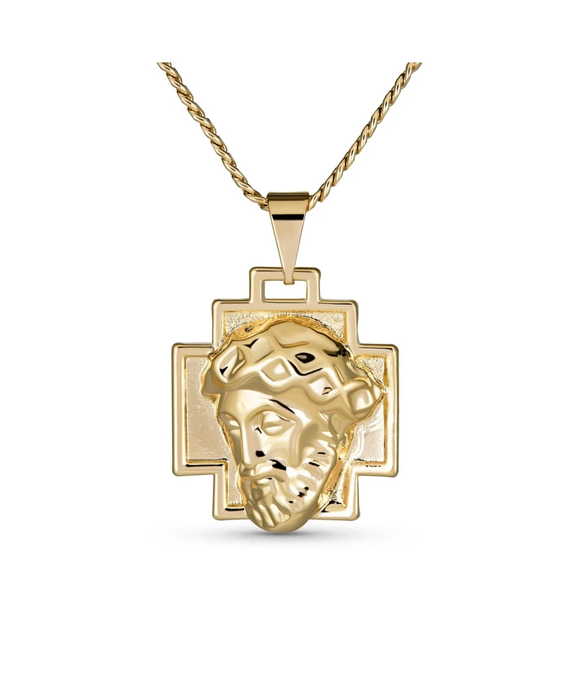 Bling Jewelry Unisex Yellow Gold Plated Pendant Necklace with Jesus Christ Cross Medallion