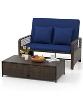 Patio Rattan Daybed Wicker Loveseat Sofa with Multifunctional Ottoman