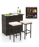 3 Pcs Patio Bar Set with Tempered Glass Tabletop