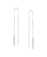 Bling Jewelry Minimalist Long Wire Hook Dangle Earrings with Three Simulated White Pearls Sterling Silver