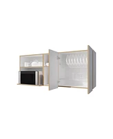 Fm Furniture Wall-Mounted Kitchen Cabinet with Microwave Space, Open Shelves, and Double Doors – Natural Oak and White