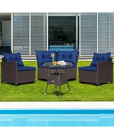 4 Pieces Patio Rattan Furniture Set Cushioned Sofa Glass Table