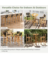 Rattan Teak Wood Bar Stool with Backrest and Footrest