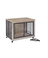 Furniture Style Dog Crate Side Table With Rotatable Feeding Bowl, Wheels, Three Doors, Flip-Up Top Opening. Indoor, Grey