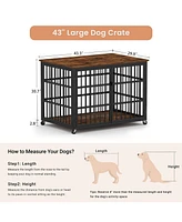 Furniture style dog crate wrought iron frame door with side openings, Rustic Brown