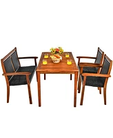 4 Pieces Acacia Wood Patio Rattan Dining Furniture Set