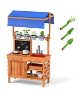 Wooden Pretend Play Kitchen with Height Adjustable Canopy for Kids