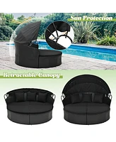 Clamshell Patio Round Daybed Wicker with Retractable Canopy and Pillows