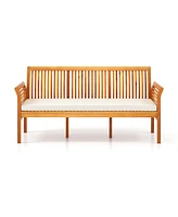 Patio 3-Seat Wood Bench with Soft Seat Cushions