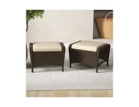 Set of 2 Outdoor Patio Pe Wicker Ottomans with Removable Cushions